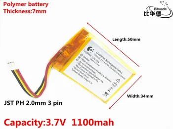 

JST PH 2.0mm 3 pin Good Qulity 3.7V,1100mAH,703450 Polymer lithium ion / Li-ion battery for TOY,POWER BANK,GPS,mp3,mp4