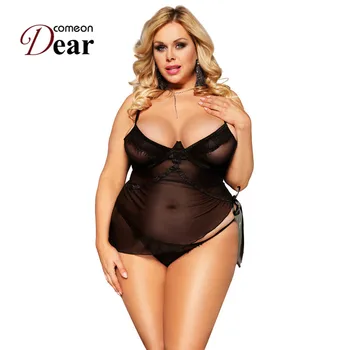 

Comeondear Black Lingerie Dentelle See Though Mini Short Sexy Babydoll With Bow Solid Plus Size Erotic Underwear M 5XL RA80561