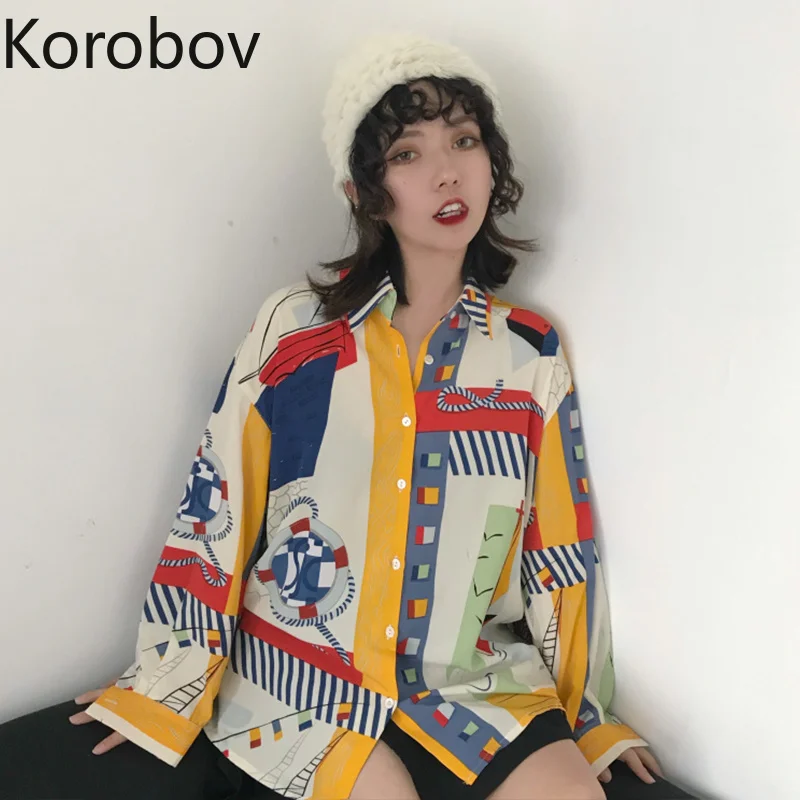 

Korobov Harajuku Cartoon Print Streetwear Women Blouse Turn-down Collar Long Sleeve Female Shirt Vintage Fashion Blusas 77008