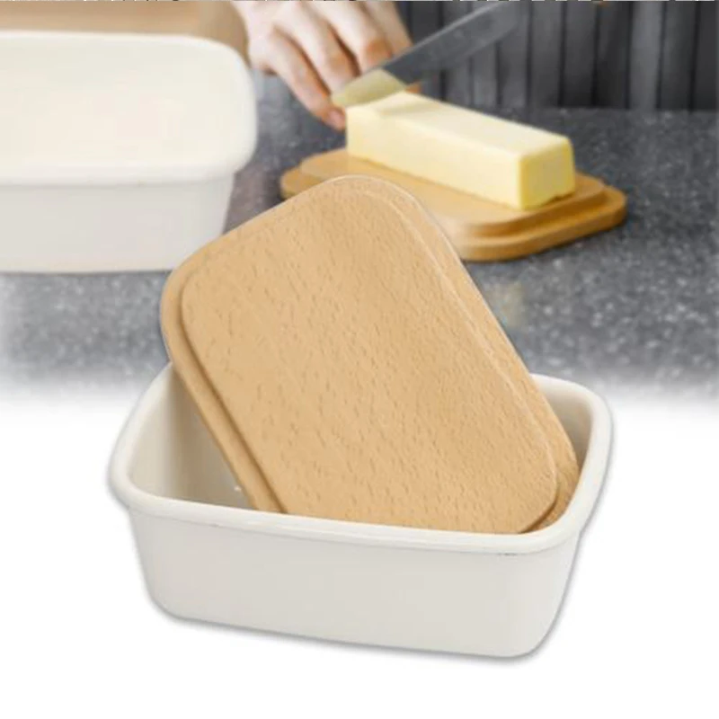 

Porcelain Enamel Butter Salt Dish Box keeper Container Storage with Bamboo Lid