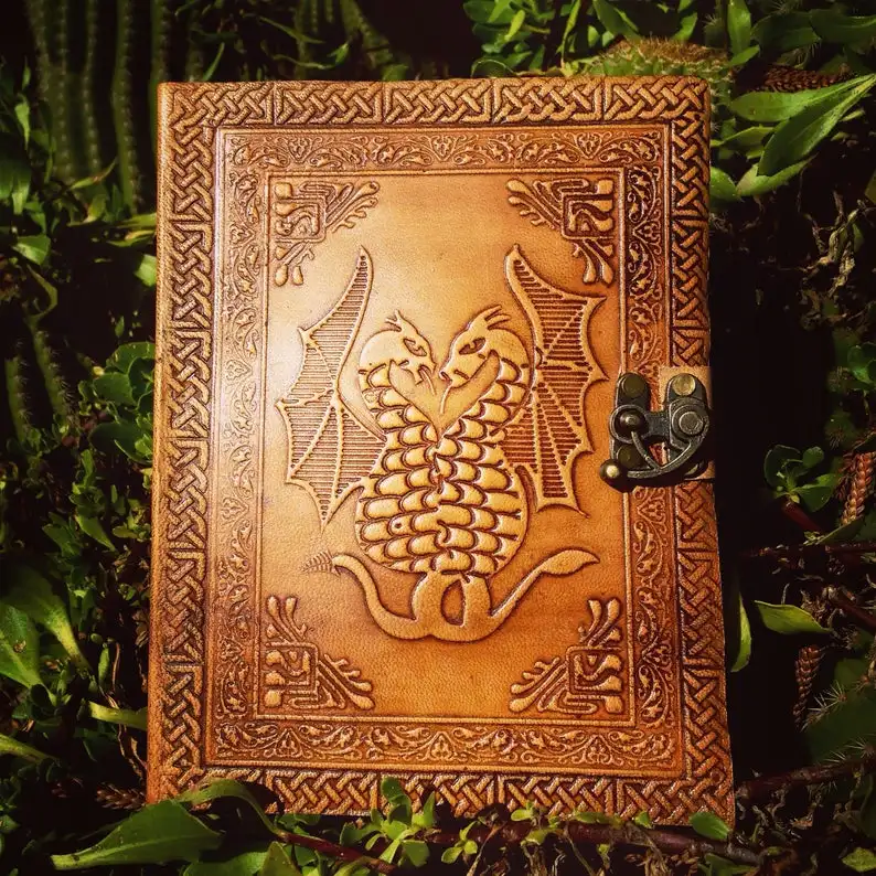 

Genuine goat leather journal handmade embossed with magical two dragons leather journal sketchbook notebook diary