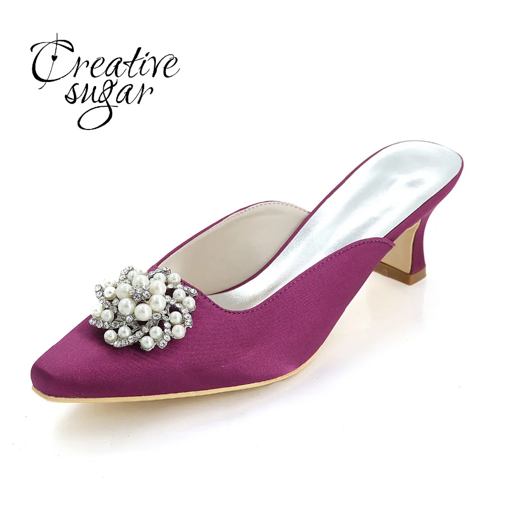 

Creativesugar lady Mules hoof heel satin evening dress shoes pearl rhinestone charm pointed toe pumps Champagne ivory purple