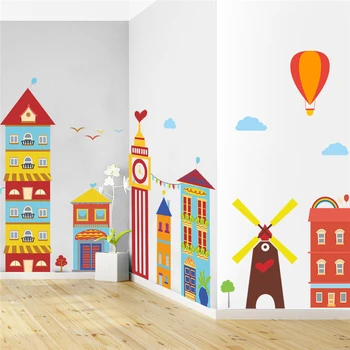 

cartoon colorful building hot air balloon wall stickers for kids rooms nursery home decor wall decals mural art