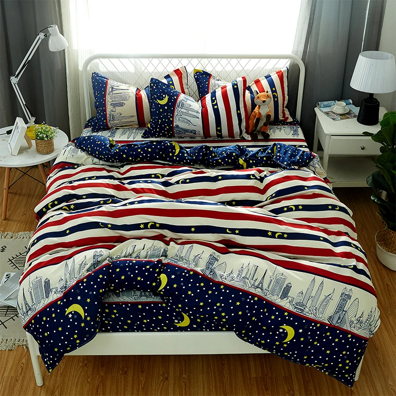 Striped Red Blue Building Stars And Moon Romance Bedding Sets
