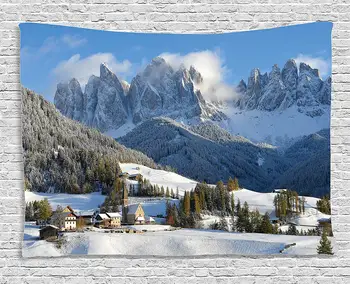 

Apartment Decor Collection Mountain Village Scenery in Winter Snow Peaks Northern Zone Spot Alps Photo room Tapestry