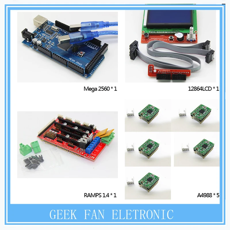  1pcs Mega 2560 R3 + 1pcs RAMPS 1.4 Controller + 5pcs A4988 Stepper Driver Module +1pcs 12864LCD for 3D Printer Controller Kit 