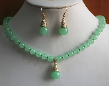 

2 styles lady's 8mm light green jade nice necklace jade/pearl hook earring&pendant necklace jewelry set