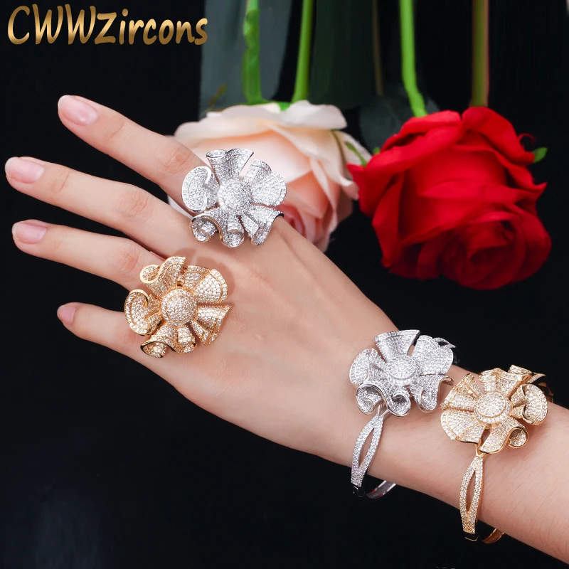 

CWWZircons Luxury Big Bowknot Flower Yellow Gold CZ Bangle Bracelet and Ring Engagement Wedding Party Jewelry Set for Women T322