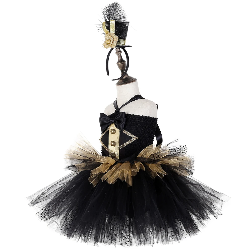 Черное и Золотое Платье-пачка в стиле цирка, рингмейстера, детские костюмы, костюмы для девочек на Хэллоуин, карнавал, день рождения, От 1 до 14 лет