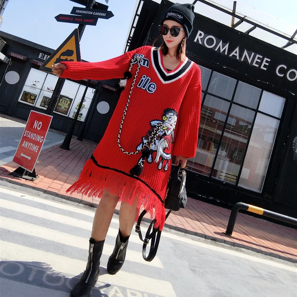 

MUMUZI Casual Female Knitting V Neck Irregular Tops Fringed Streetwear Women Red and Black Long Style Sweater Hot Sell