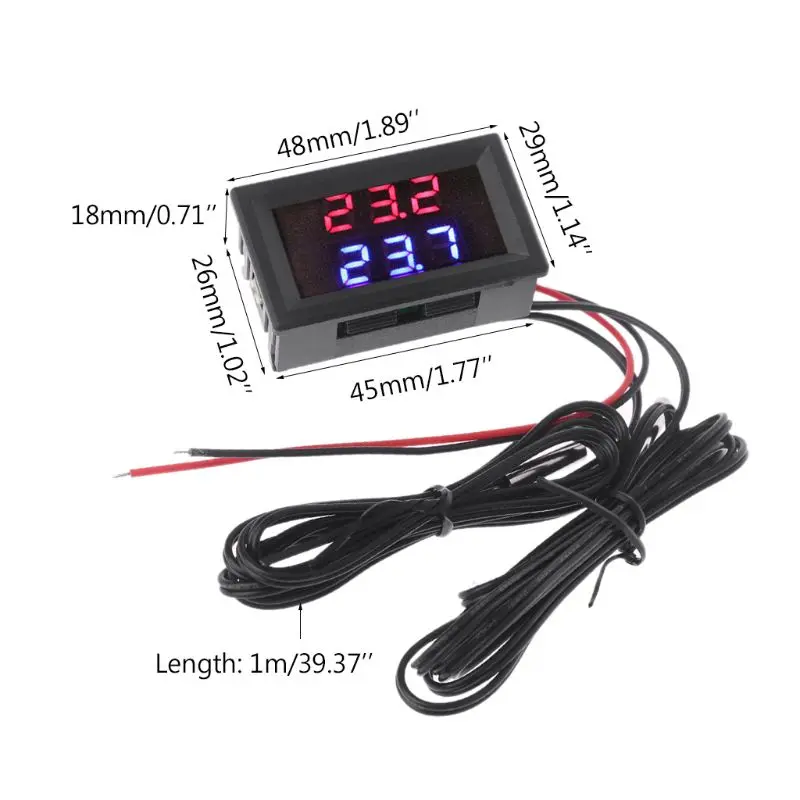 48x29mm Dual Display Digital Thermometer Red+Blue Temperature Sensor Tester NTC Waterproof Metal Probe 4-28V