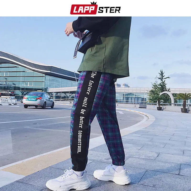 LAPPSTER الرجال الشارع الشهير منقوشة السراويل ركض 2019 رجل خليط الأزرق Sweatpants Ankel طول القطن الهيب هوب السراويل الترنك السراويل
