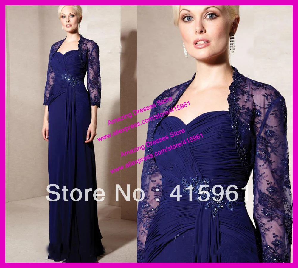 

Elegant Purple Beaded Lace Chiffon Mother of the Bride Gowns With Long Sleeve Jacket M1413