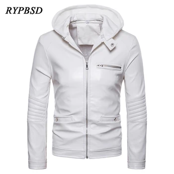 

2019 Autumn Winter New Multi-Pocket White Mens Hooded Leather Jacket Fashion Handsome Slim Fit PU Leather Biker Jacket Coats