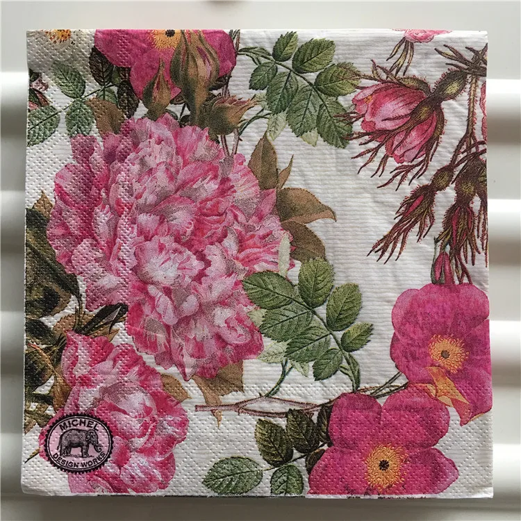 Bulk-0,79 $ /pc 3 x Single Paper Napkins Decoupage Pink Flower & Bird M130 