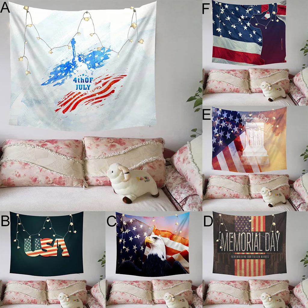 

Independence Day Print Family Tapestry Light String Combination Wall Decor1.5x2m For American Independence Day Decor Tapestrys