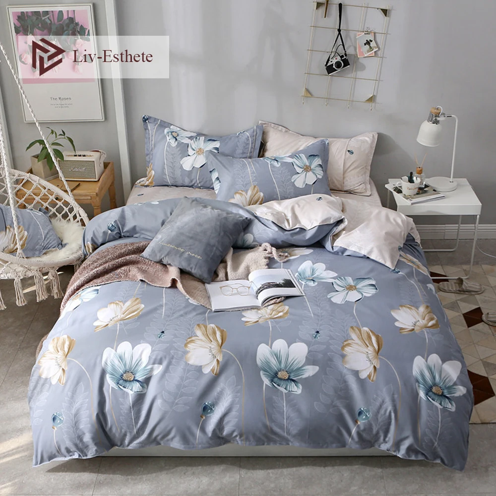 

Liv-Esthete Fashion Pastoral Flower Bedding Set Duvet Cover Bedspread Flat Sheet Double Queen King Adult kids Bed Linen Bed Set