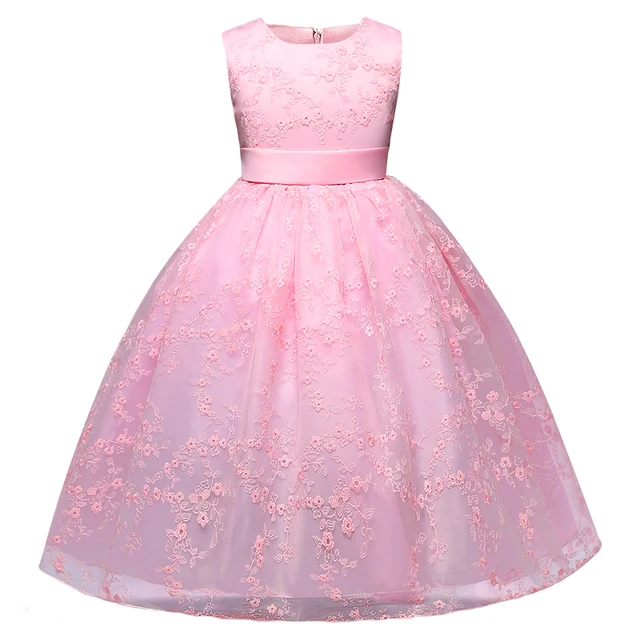 4 Colors Girls Long Dress Children Lace Princess Solid Color Dress for