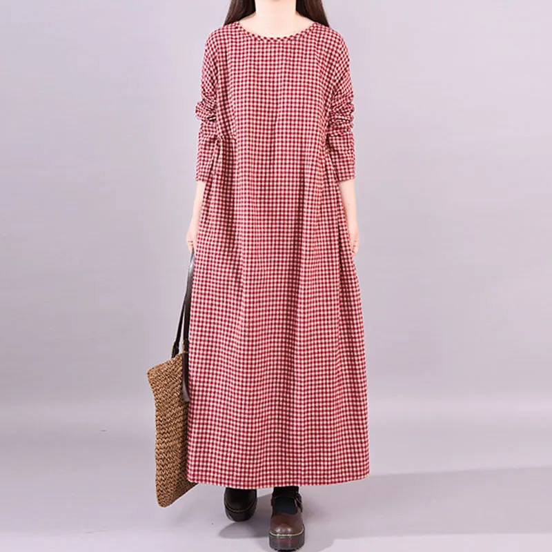 ZANZEA женское платье-рубашка с длинным рукавом, винтажное клетчатое длинное платье-кафтан, женское платье с круглым вырезом, осенние платья, плюс размер - Цвет: Красный