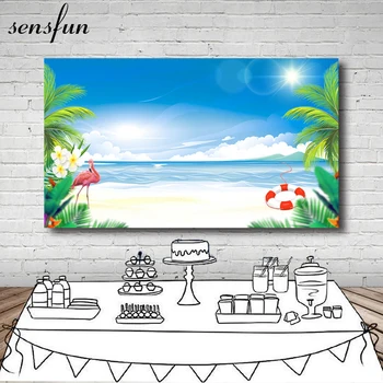 

Sensfun Summer Ocean Backdrop Flamingo Flower Tropical Trees Sky Blue Beach Birthday Party Backgrounds For Photo Studio Vinyl