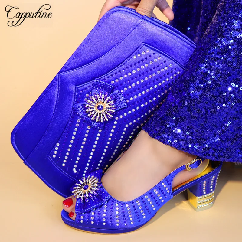 

Capputine New African Woman Blue Color Shoes And Matching Bag Set Italian Design Pumps 7CM Shoes With Bag For Party On Stock