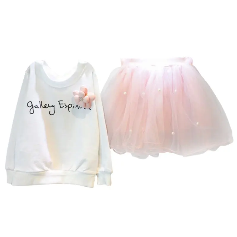 

Lovely Girls White Tee Shirt and Pink Skirt With Rhinestone Clothes Set or Kids Girl Autmn Children Clothing Sets