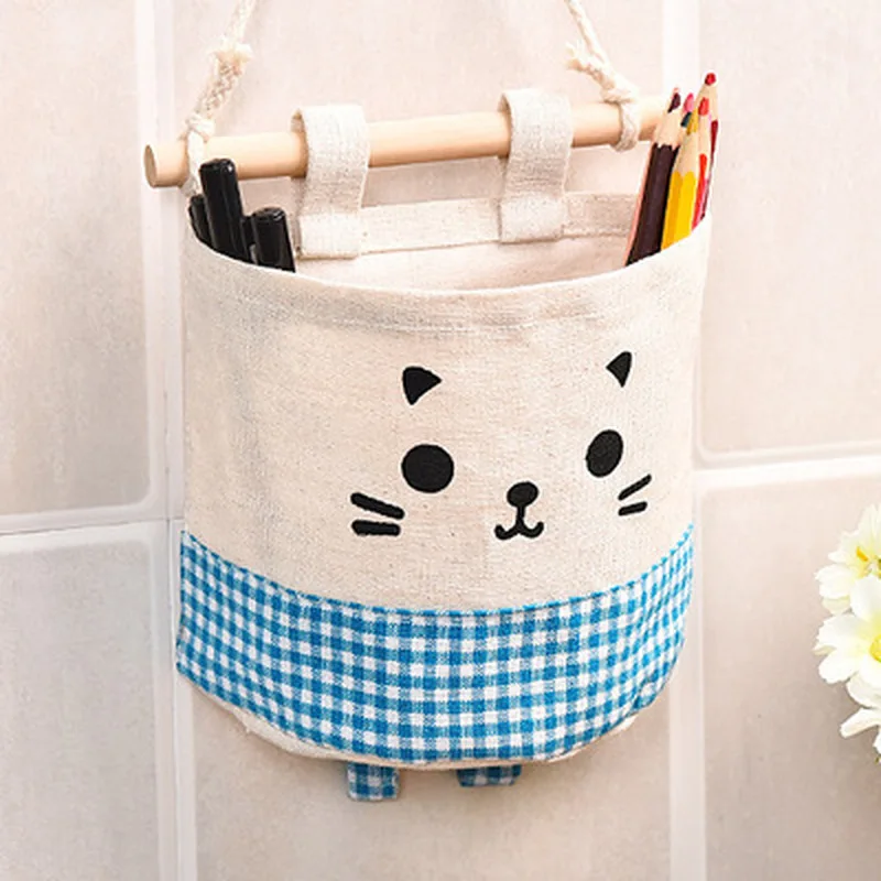 Милая Льняная сумка для хранения с рисунком кота, карманы, настенная сумка, органайзер для косметических игрушек