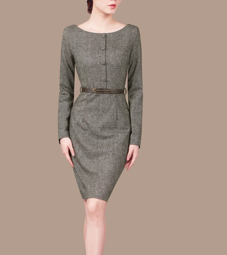 

Woman Spring Ol Plus Size Soild Full Sleeve O-neck Knee-length Slim Wool Dresses Lady Winter Belt Hedging Slim Woolen Dress