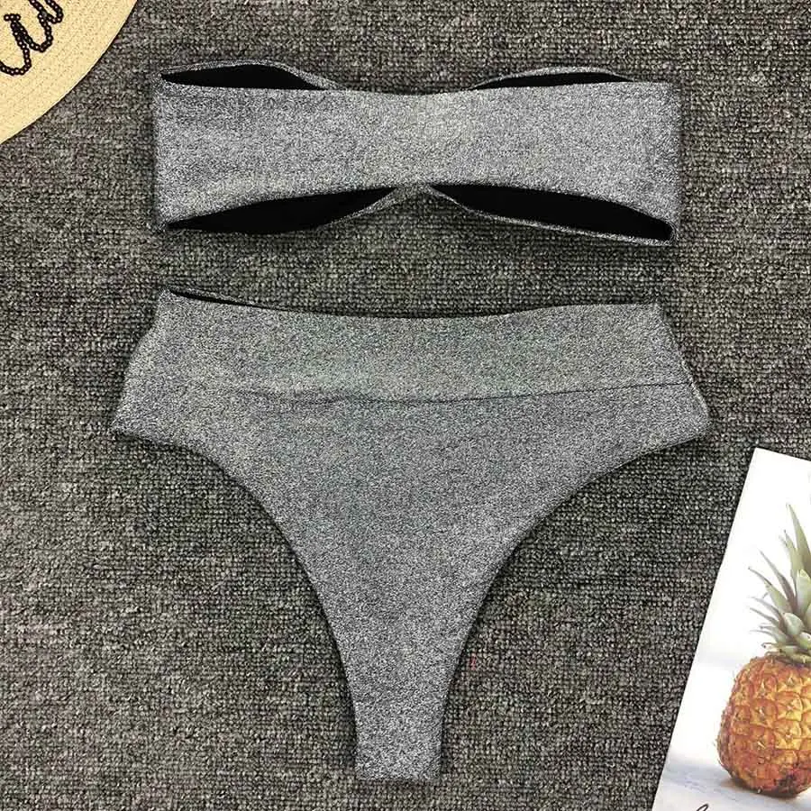 Billig Neue Sexy Bandeau Shiny Glitter Bikini Set Frauen Bademode Badeanzug Zwei stück Bogen Bikinis Set Badende Badeanzug Schwimmen tragen