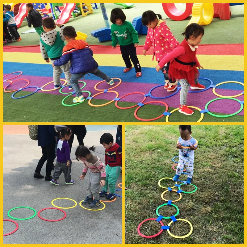 

Playing Hopscotch Outdoor Ring Jump into the Grid Sensory Integration Outdoor Toys Games for Kids (10Pcs Ring+10Pcs Buckle)