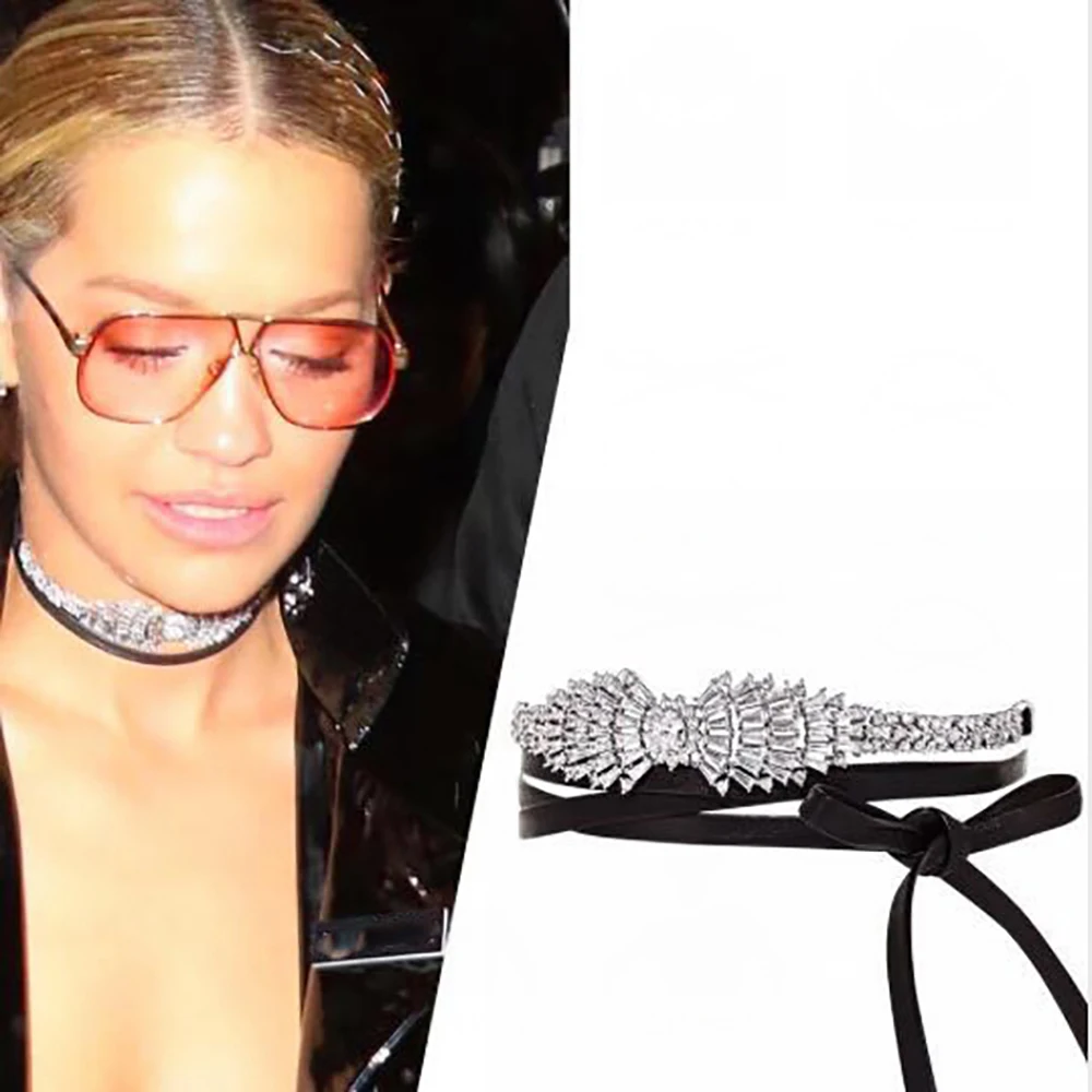 Cute Luxury Rhinestone Choker Necklaces Black Leather Handmade Crystal Chocker Necklace For