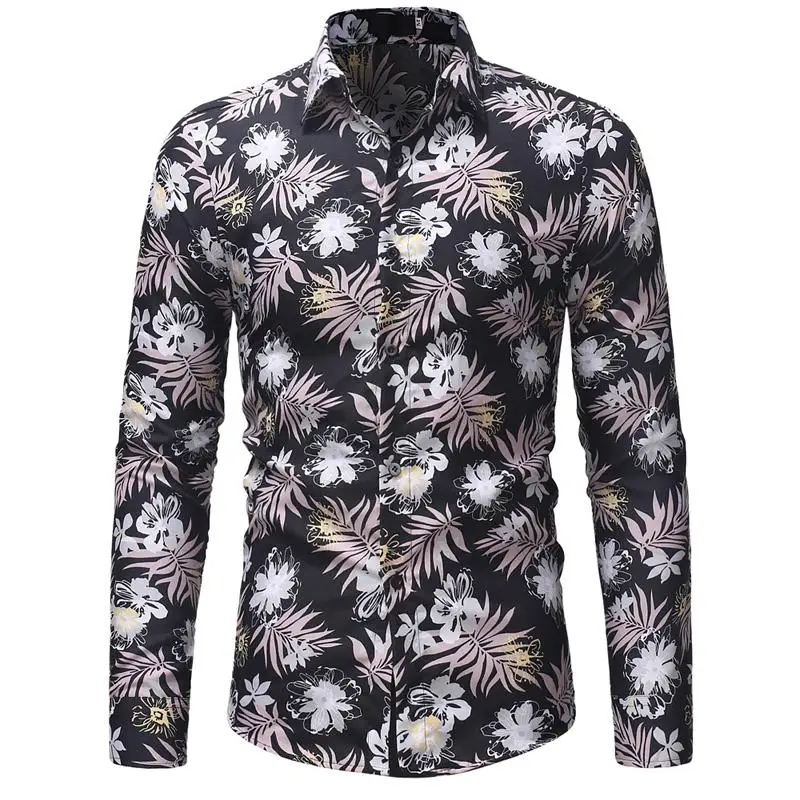 

Hawaiian Shirt Men's Casual Slim Fit Flower Long-sleeved Floral Shirts Male Blouse Men