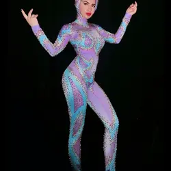 Фиолетовый комбинезон с синими стразами танцевальный костюм головной убор наряд женский певец Вечеринка Выпускной праздничная одежда