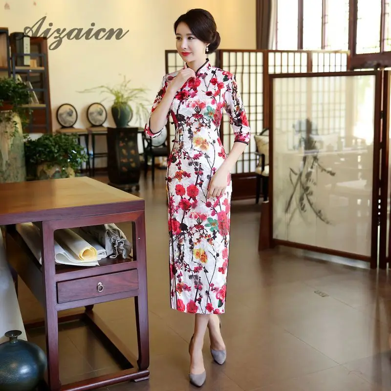 

Evening Dresses Long Winter Cheongsam Mom Traditional Chinese Dress Woman Qipao Cotton Vestido Oriental Wedding Gowns Chipao