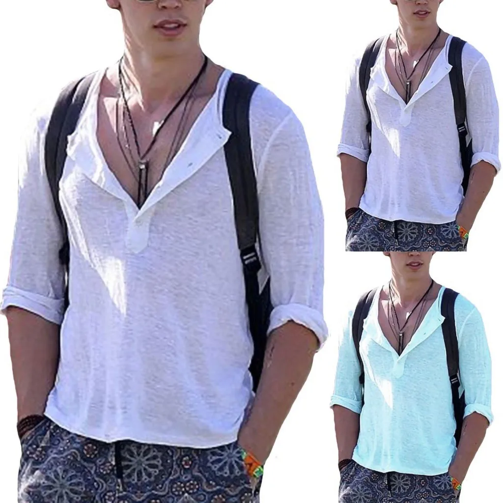 Бесплатная доставка, Мужская Летняя Модная приталенная рубашка на пуговицах с v-образным вырезом и коротким рукавом, топ, блузка, лучший