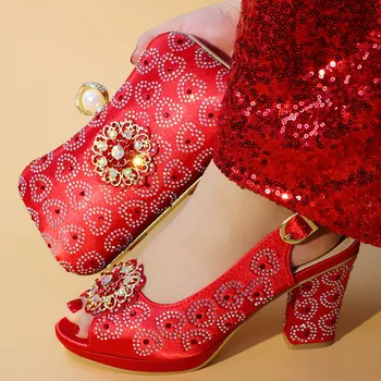

New Red Italian Shoe with Matching Bag Set Decorated with Rhinestone Nigerian Shoes and Matching Bags High Heels Party Pumps