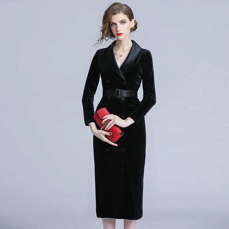 High Quality Fashion Designer Runway Dress 2020 Autumn Women's Long Sleeve Double-Breasted Sashes Casual Elegant Mid-Calf | Женская