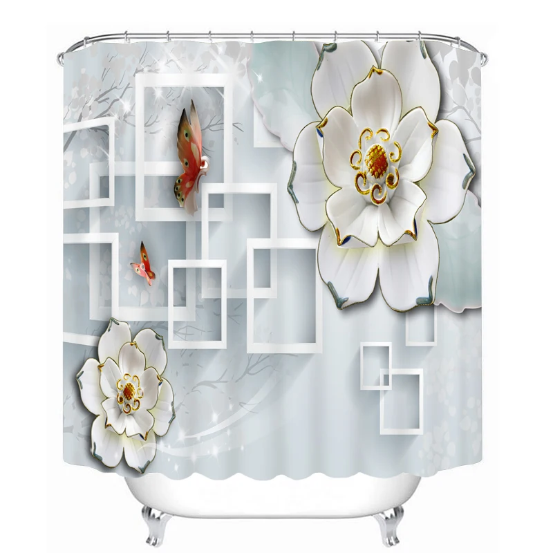

3D White Flower Butterfly Pattern Shower Curtains Bathroom Curtain Waterproof Thickened Bath Curtain Customizable