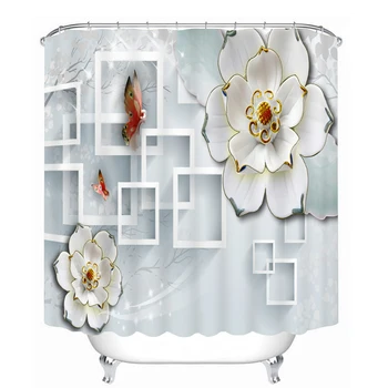 

3D White Flower Butterfly Pattern Shower Curtains Bathroom Curtain Waterproof Thickened Bath Curtain Customizable