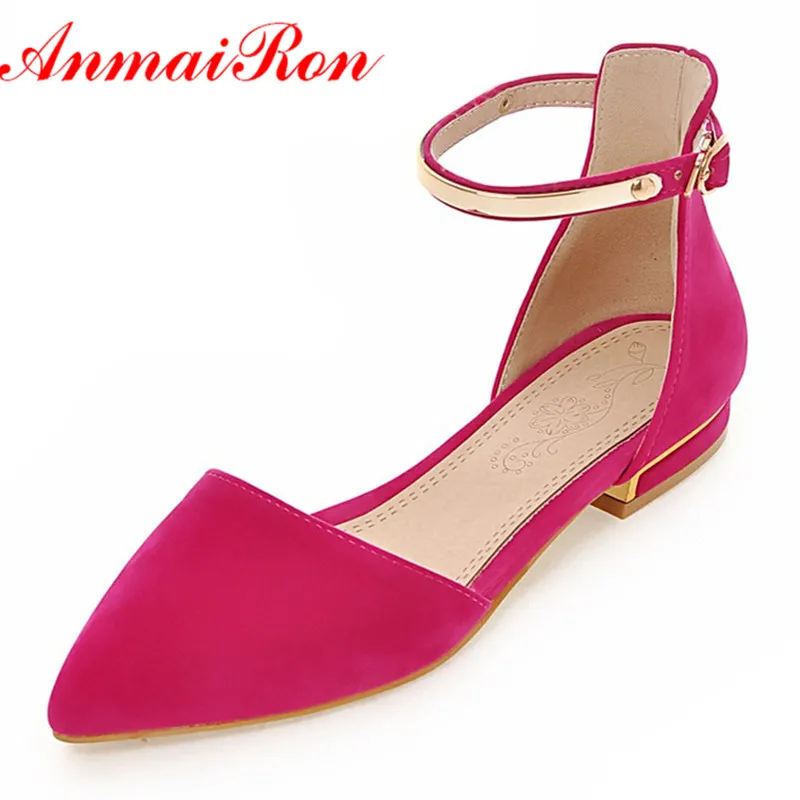 

ANMAIRON Fashion Women Flats Buckle Strap Nubuck Leather Sweet Shoes Pointed Toe Causal Flats Elegant Concise Shoes Woman
