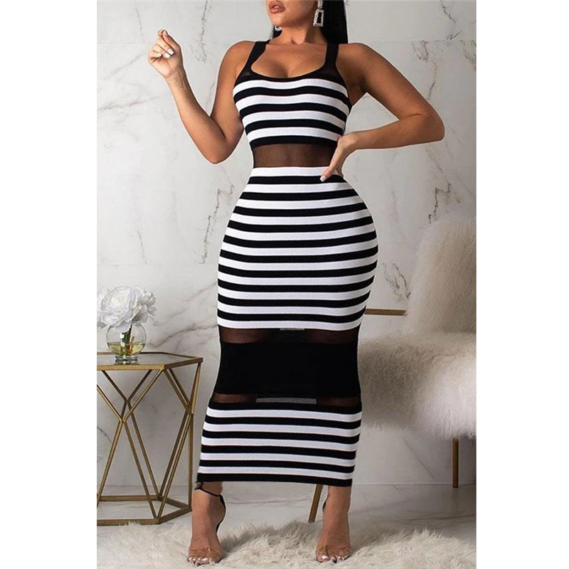 

Elegant Women Sleeveless Bodycon Vest Dress U Neck Striped Dress Ladies Fashion Maxi Dress Evening Club Party StreetWear Vestido