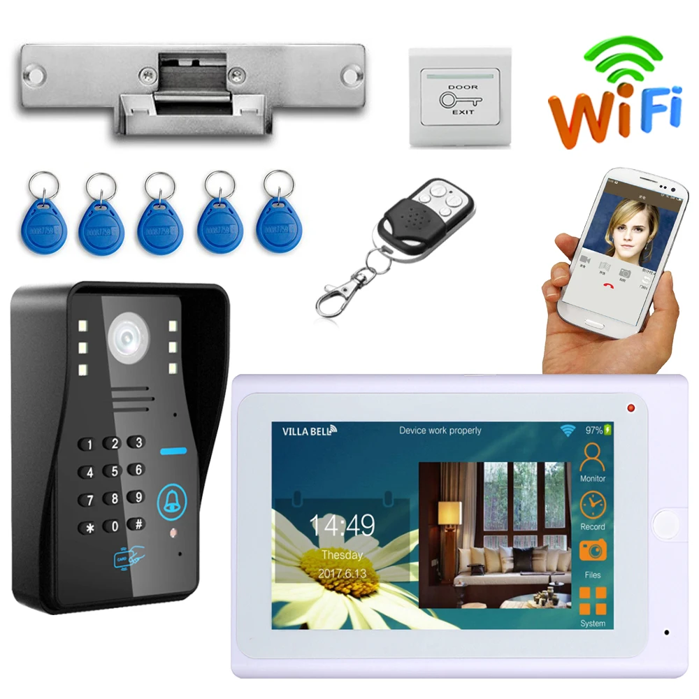 7\ Video Doorbell System Video Door Phone Intercom Kits Password keypad, RFID Card +Electric Strike Lock , Wired/Wireless