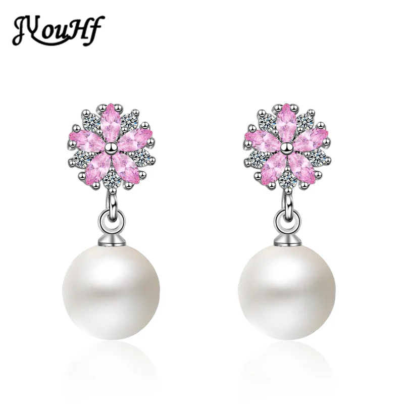 

JYouHF Elegant 10mm Pearl Stud Earrings for Women Girls AAA Cubic Zircon Crystal Pink Cherry Earrings Wedding Party Jewelry Gift