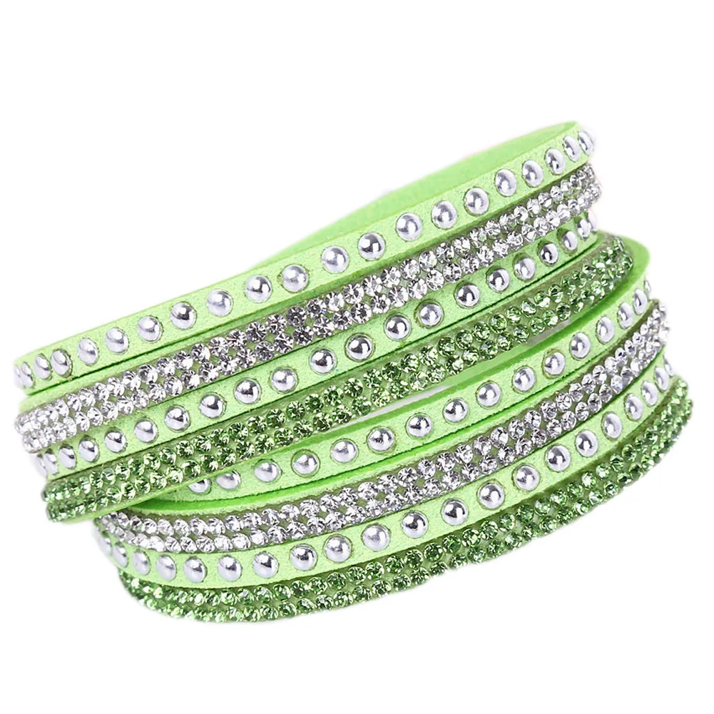 Кожаный браслет со стразами, браслет с кристаллами, многослойные браслеты для женщин, женские браслеты Mulher, ювелирные изделия - Окраска металла: light green