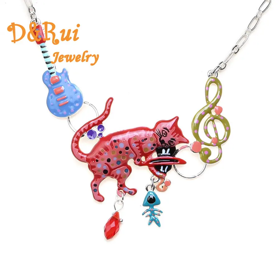 

Enamel Cat Necklace Women Fashion Woman Pendants Necklaces Colorful Collar Chain Vintage Handmade Alloy Guitar Note Jewelry New