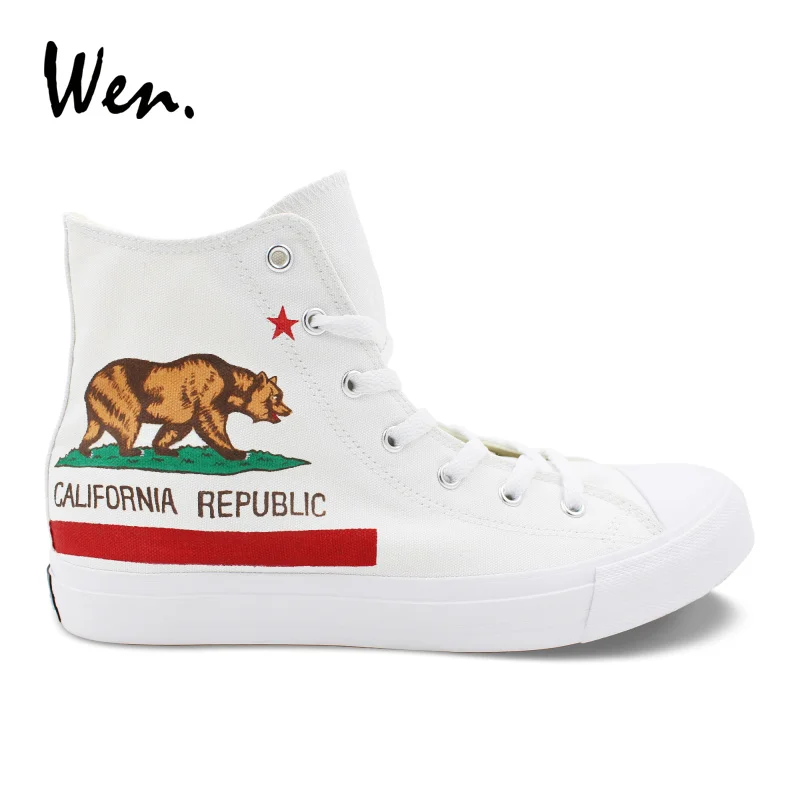 Wen White Laced Shoes Design Hand Painted California Flag Mens Canvas Vulcanize Shoes Womens Sneakers High Top Cross Straps Flat Wen White Laced Shoes Design Hand Painted California Flag Mens Canvas Vulcanize Shoes Womens Sneakers High Top Cross Straps Flat
