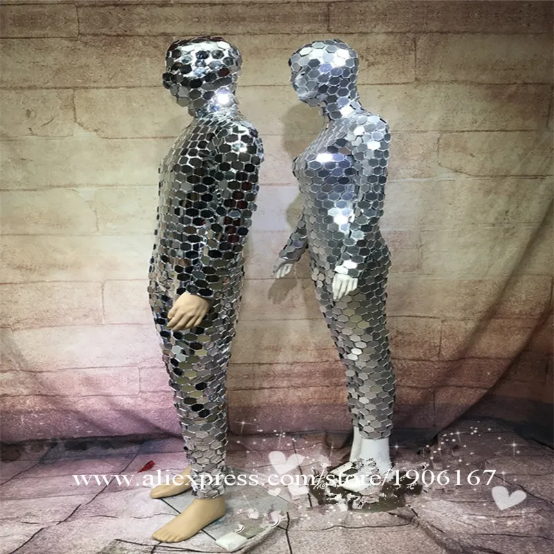 Ballroom dance men robot mirror suit women stage show costumes singer silver clothes models performance catwalk wears dj5