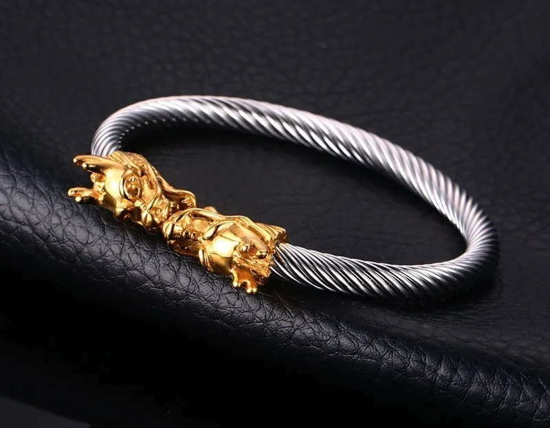 Meaeguet Эластичный регулируемый мужской браслет Дракон стальной витой кабель манжета браслет серебро золото-цвет полированный Байкер ювелирные изделия