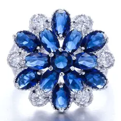 Синий камень Обручальные кольца для Для женщин цветок пара кольцо белого серебряное кольцо с хрусталем Модные украшения женское кольцо