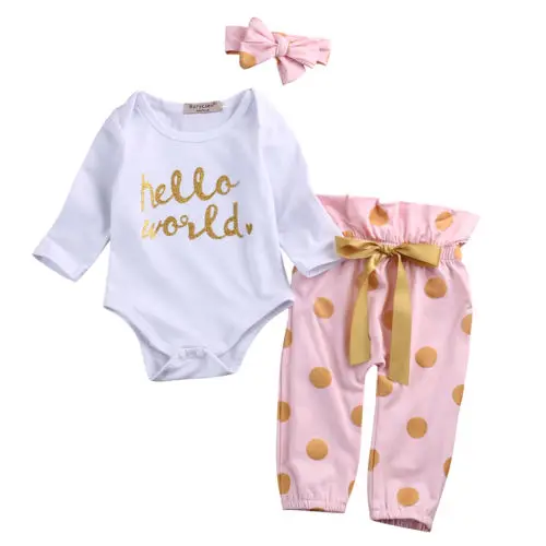 Комплект одежды с цветочным принтом для новорожденных и маленьких девочек, комбинезон+ длинные штаны+ повязка на голову, комплект из 3 предметов повседневный комплект одежды